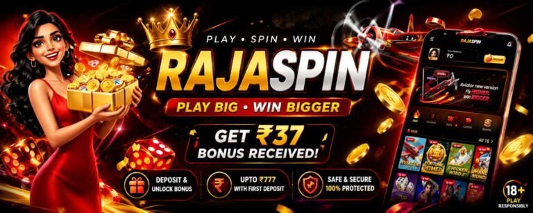 RajaSpin Game promotional banner with bonus offer, gaming app interface, coins, and casino-style graphics